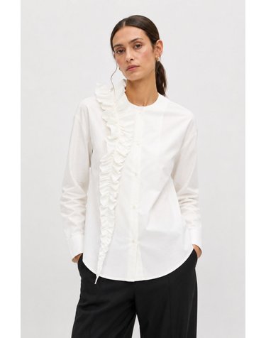 오브젝트 러플 라운드넥 코튼 블라우스 4314264 BLANCO