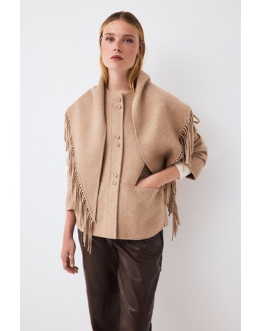페드로 델 이에로 탈착식 프린지 스카프 숏 코트 7524218 BEIGE
