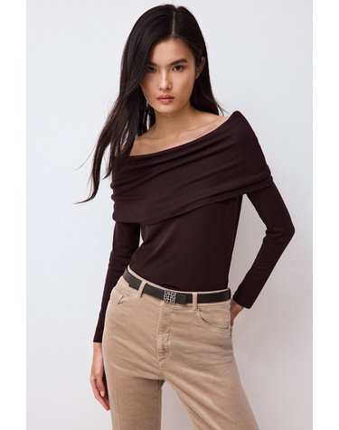 페드로 델 이에로 오프숄더 드레이프 긴팔 티셔츠 8624246 MARRON