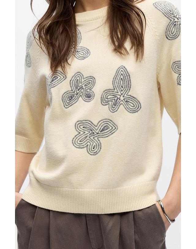 꼬르떼피엘 오브젝트 자수 라운드넥 반팔 니트 스웨터 3763153 BEIGE 아이보리 착용컷