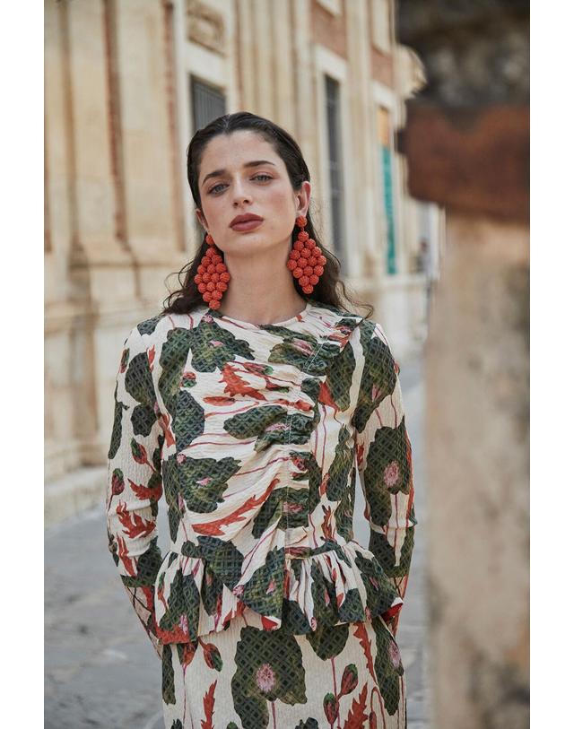꼬르떼피엘 파남비 에스닉 패턴 셔링 미디 원피스 6443276 ESTAMPADO VERDE 멀티컬러 착용컷