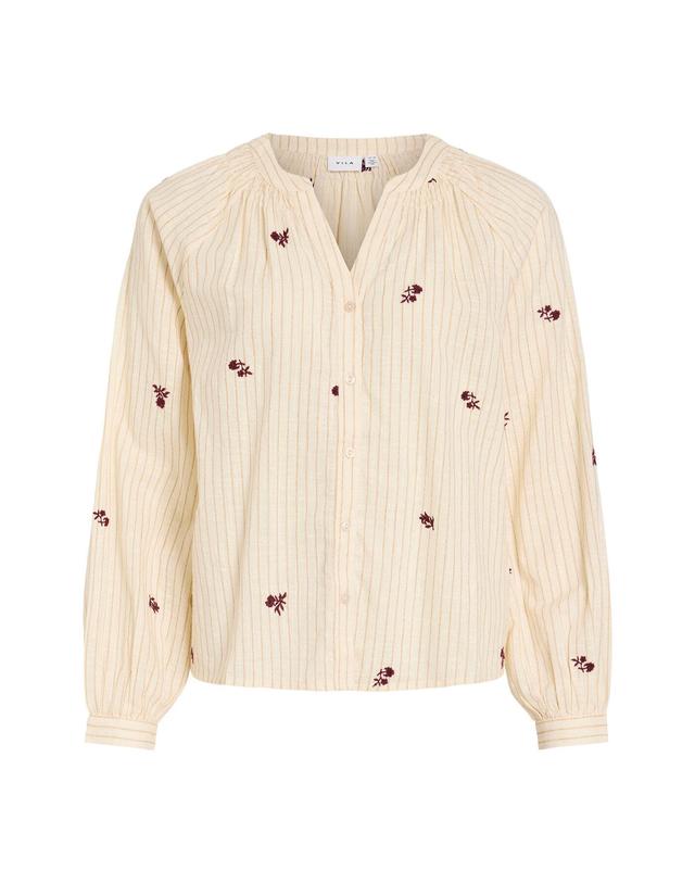 꼬르떼피엘 빌라 플로럴 자수 스트라이프 블라우스 4314162 BEIGE 아이보리 착용컷