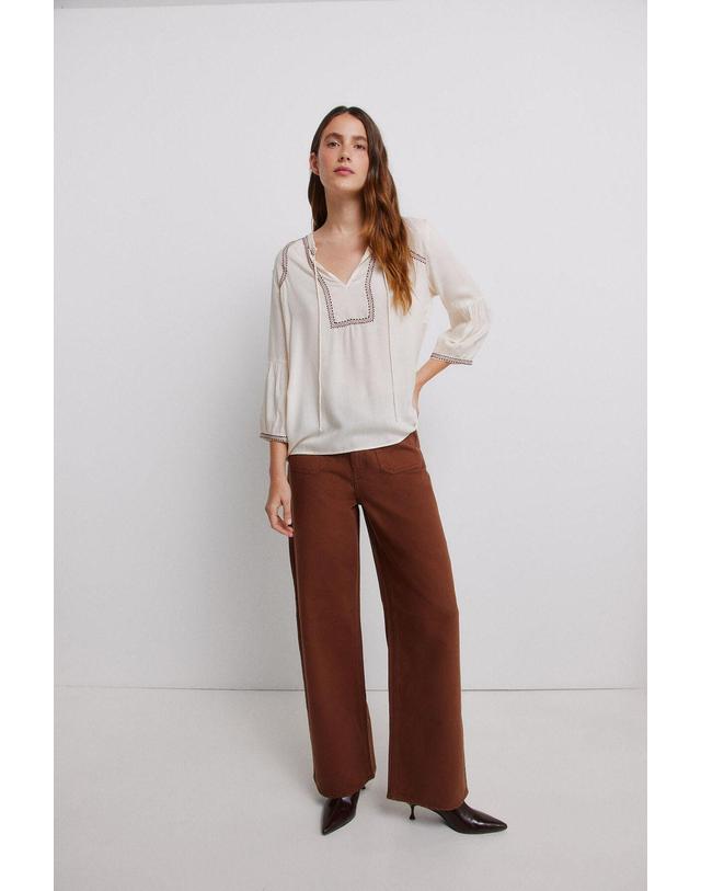 꼬르떼피엘 빌라 보헤미안 자수 브이넥 7부 블라우스 4314163 BEIGE 아이보리 착용컷