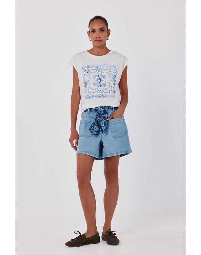 꼬르떼피엘 꼬르떼피엘 코튼 프린트 라운드넥 티셔츠 9164279 ESTAMPADO AZUL 화이트 착용컷