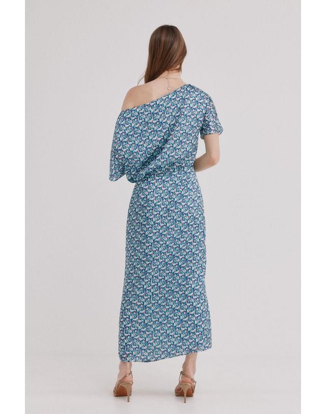 꼬르떼피엘 호스 인트로피아 프린트 라운드넥 반팔 롱 원피스 8223395 ESTAMPADO AZUL 블루 착용컷