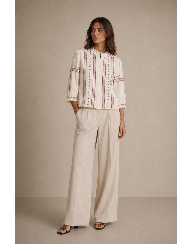 꼬르떼피엘 빌라 버티컬 자수 하이넥 버튼 블라우스 4314179 BEIGE 아이보리 착용컷