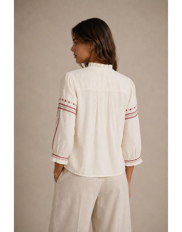 꼬르떼피엘 빌라 버티컬 자수 하이넥 버튼 블라우스 4314179 BEIGE 아이보리 착용컷