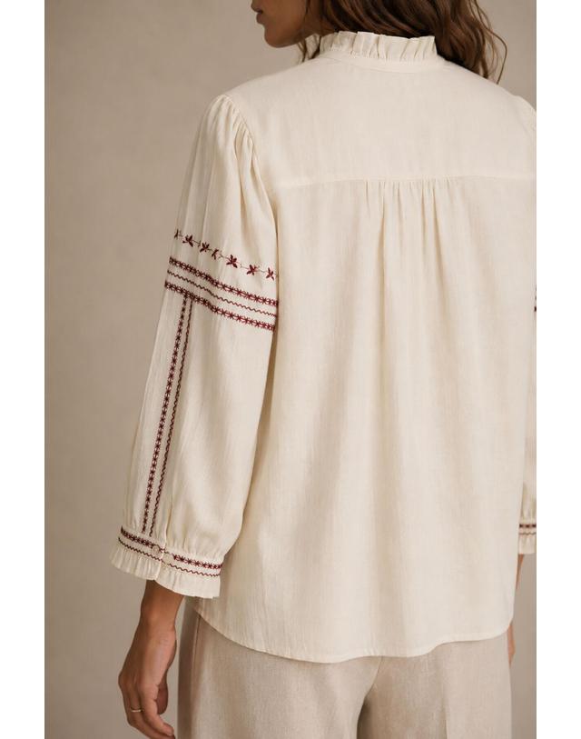 꼬르떼피엘 빌라 버티컬 자수 하이넥 버튼 블라우스 4314179 BEIGE 아이보리 착용컷