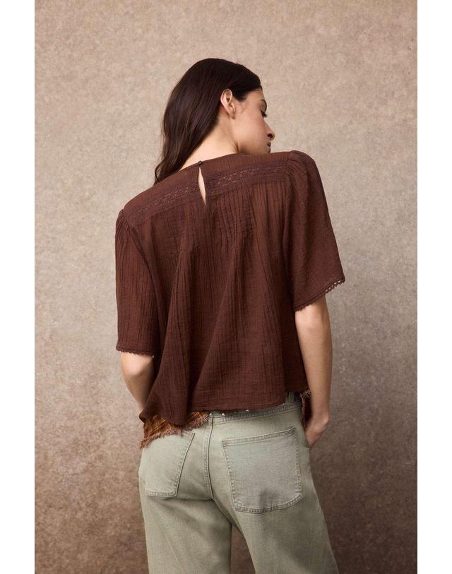 꼬르떼피엘 슬로우러브 레이스 디테일 반팔 블라우스 3354001 MARRON OSCURO 초콜릿 착용컷