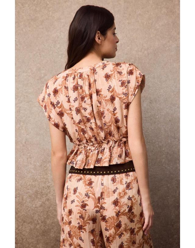 꼬르떼피엘 슬로우러브 플로럴 프린트 러플 블라우스 3354002 ESTAMPADO NARANJA 피치 착용컷