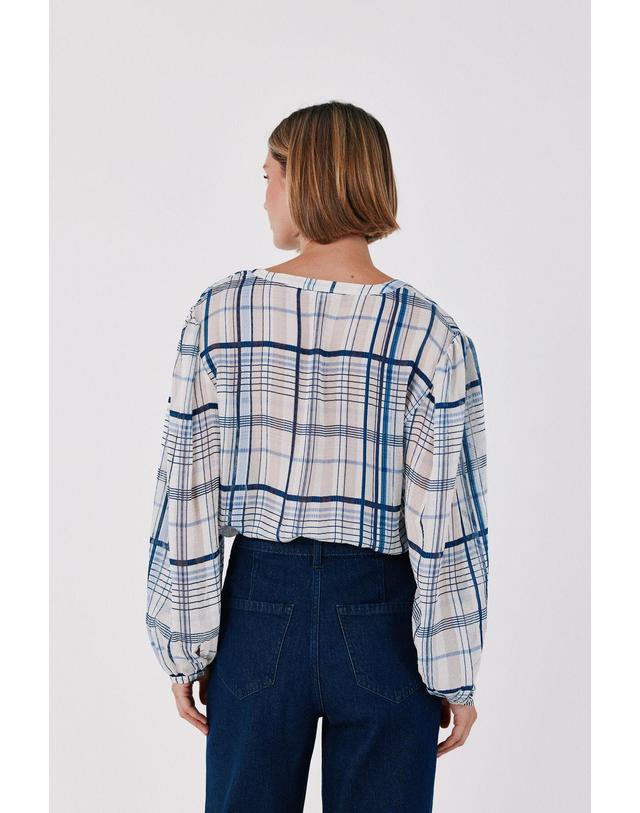 꼬르떼피엘 꼬르떼피엘 체크 프린트 라운드넥 긴팔 블라우스 5704242 ESTAMPADO AZUL 멀티컬러 착용컷