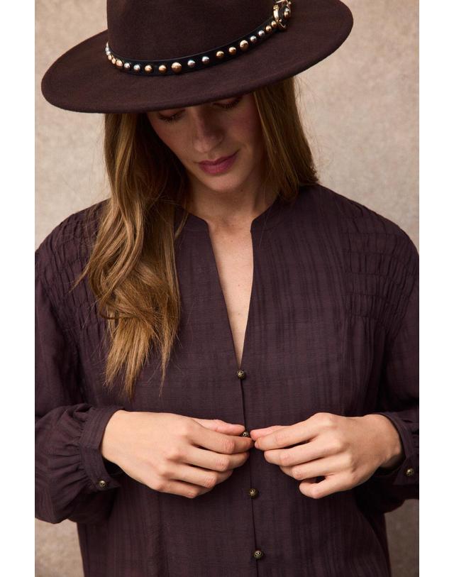 꼬르떼피엘 슬로우러브 셔링 퍼프 소매 마오넥 블라우스 3424002 MARRON OSCURO 초콜릿 착용컷