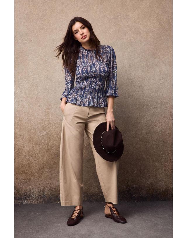 꼬르떼피엘 슬로우러브 허니콤 프린트 러플넥 블라우스 3444001 ESTAMPADO AZUL 블루 착용컷