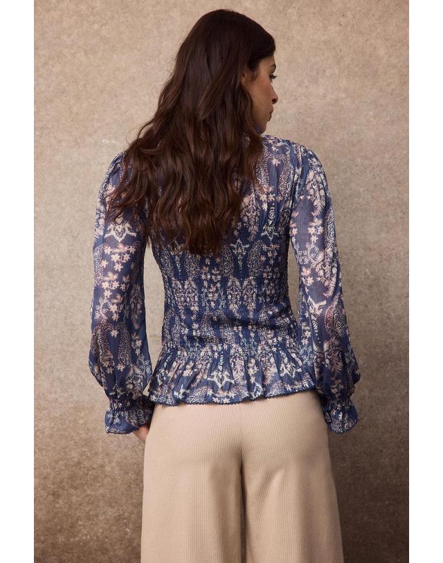 꼬르떼피엘 슬로우러브 허니콤 프린트 러플넥 블라우스 3444001 ESTAMPADO AZUL 블루 착용컷