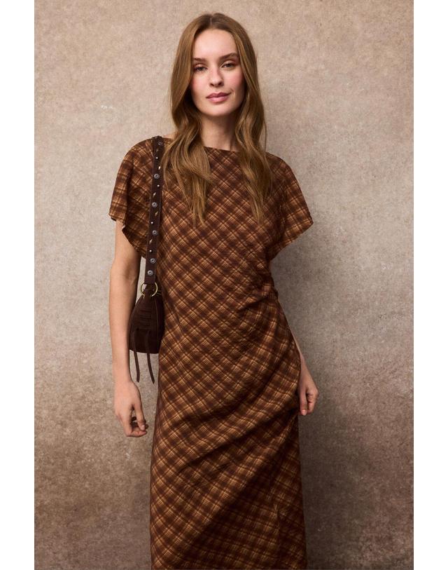 꼬르떼피엘 슬로우러브 체크 프린트 반팔 미디 원피스 6234002 ESTAMPADO MARRON 브라운 착용컷