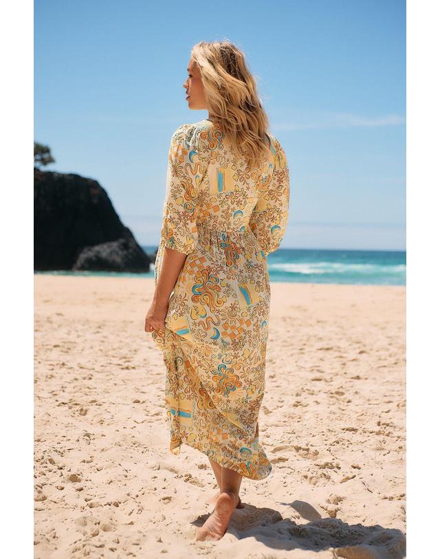 꼬르떼피엘 자세 프린트 브이넥 7부 소매 롱 원피스 6444133 ESTAMPADO AMARILLO 멀티컬러 착용컷