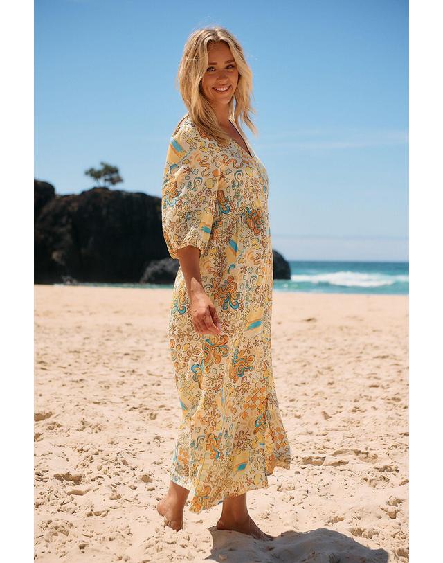 꼬르떼피엘 자세 프린트 브이넥 7부 소매 롱 원피스 6444133 ESTAMPADO AMARILLO 멀티컬러 착용컷