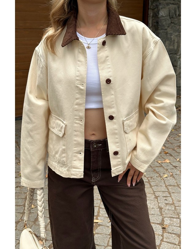 꼬르떼피엘 트렌디올 코듀로이 칼라 버튼 데님 자켓 9050668 MARFIL 아이보리 착용컷