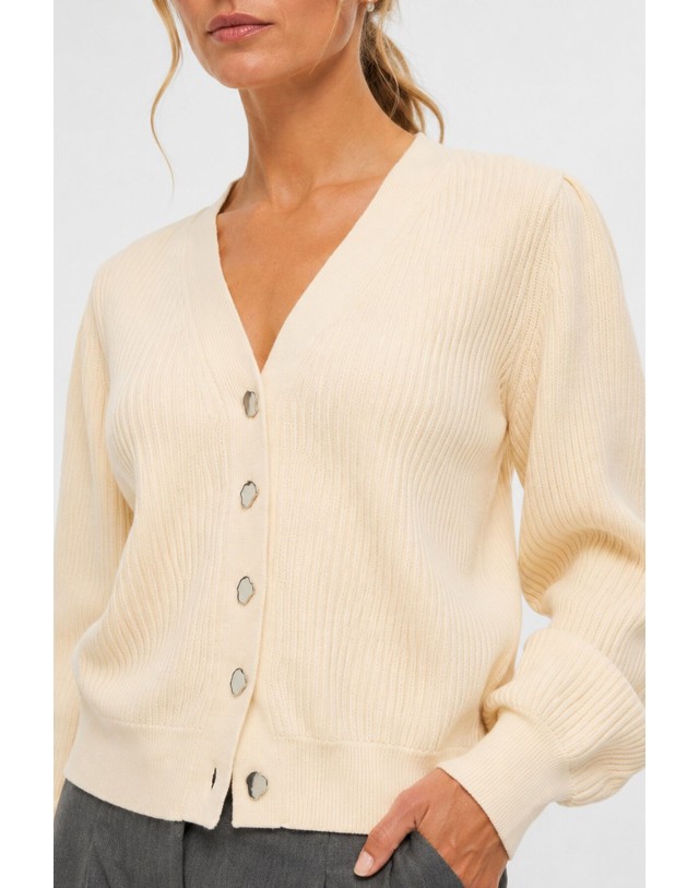 꼬르떼피엘 오브젝트 브이넥 메탈 버튼 골지 가디건 3764468 BEIGE 아이보리 착용컷