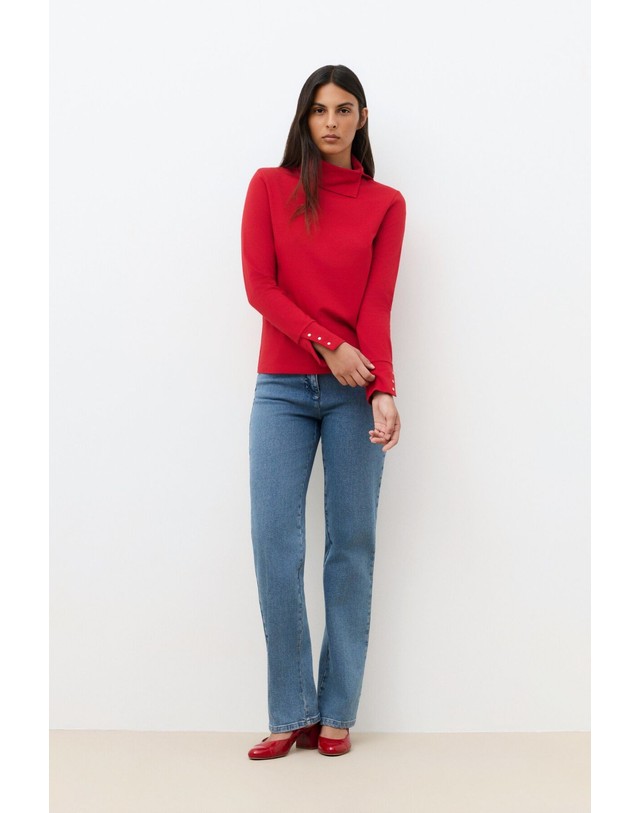 꼬르떼피엘 카롤 하이넥 버튼 커프스 긴팔 티셔츠 3764464 ROJO 레드 착용컷