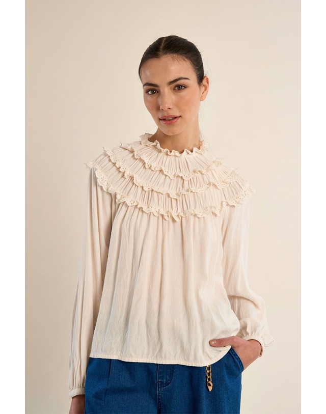 꼬르떼피엘 몰리브라켄 레이스 러플넥 긴팔 블라우스 4314233 BEIGE 아이보리 착용컷