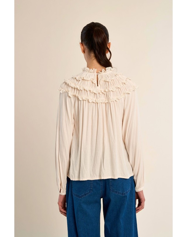 꼬르떼피엘 몰리브라켄 레이스 러플넥 긴팔 블라우스 4314233 BEIGE 아이보리 착용컷