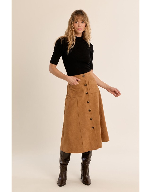 꼬르떼피엘 몰리브라켄 버튼 포켓 미디 스커트 5724615 BEIGE 베이지 착용컷