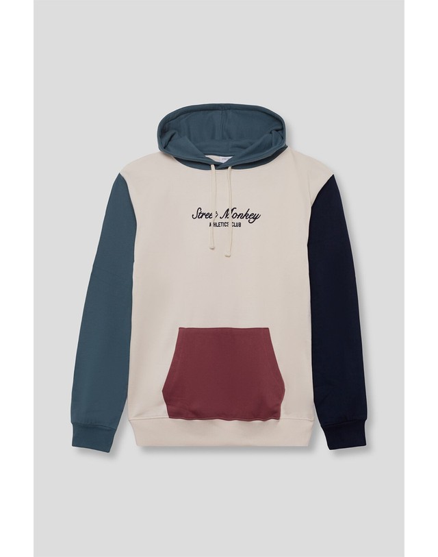 꼬르떼피엘 스트릿몽키 컬러블록 포켓 후드 맨투맨 1054049 BEIGE 멀티컬러 착용컷