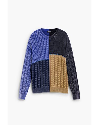 데시구알 패치워크 케이블 니트 스웨터 26WMJF135000 BLUE, GREY AND MUSTARD