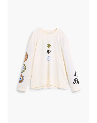 데시구알 프린트 라운드넥 긴팔 티셔츠 27SMTK101000 WHITE