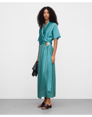 아돌포도밍게즈 버클 장식 새틴 랩 롱 원피스 293081808261 EMERALD GREEN