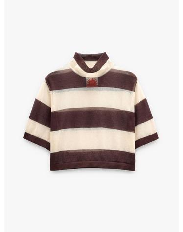 팔포이즈 스트라이프 하이넥 반팔 크롭 니트 탑 249258 BROWN