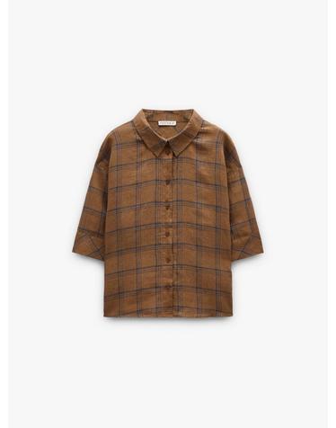 팔포이즈 체크 린넨 7부 소매 셔츠 251521 BROWN
