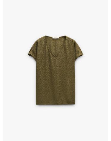 팔포이즈 프린트 자카드 브이넥 반팔 블라우스 249468 KHAKI