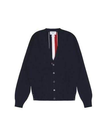 [해외직구] 톰브라운 와이드 RWB 센터 백 인타르시아 스트라이프 파인 메리노 울 밀라노 스티치 브이넥 가디건 네이비 MKC324A-Y1002-415