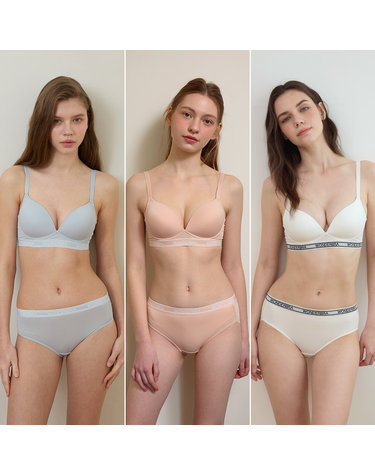 [Wonderbra] 스포츠 아웃밴드 노와이어 브라팬티 6종세트 블루+베이지+화이트 WBW4M222324A_T