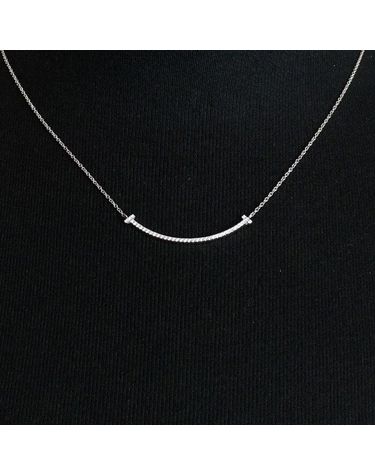 [중고명품] 티파니앤코 18K 화이트 골드 파베 다이아 스몰 T 스마일 펜던트 목걸이 사이즈 40.6cm 157436674