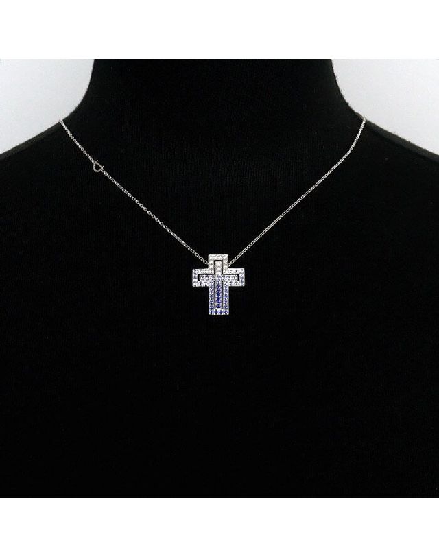 다미아니 [중고명품] [중고명품] 다미아니 벨 에포크 화이트골드 사파이어 다이아몬드 크로스 목걸이 162566335 착용컷