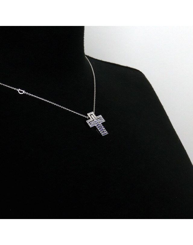다미아니 [중고명품] [중고명품] 다미아니 벨 에포크 화이트골드 사파이어 다이아몬드 크로스 목걸이 162566335 착용컷