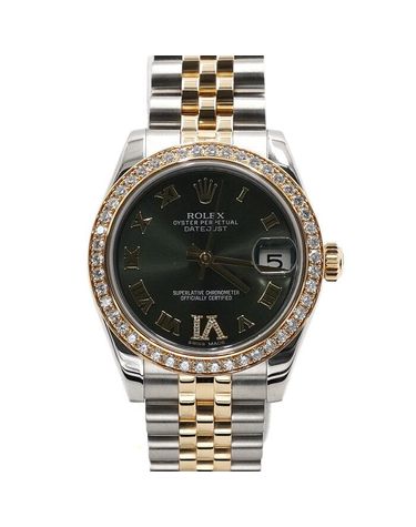 [중고명품] 롤렉스 중고 옐로우골드 콤비 베젤 다이아몬드 세팅 올리브그린판 DATEJUST 여성 시계 160571184