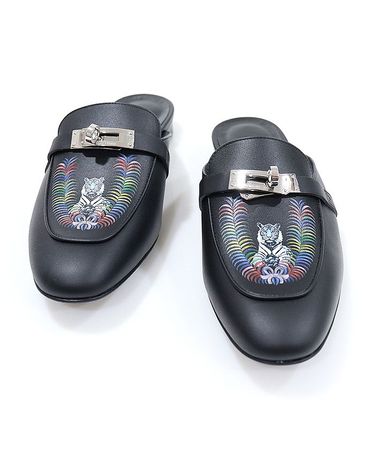 [중고명품] 에르메스 블랙 카프스킨 타이거 로얄 프린트 뮬 샌들 사이즈 245mm 145682281