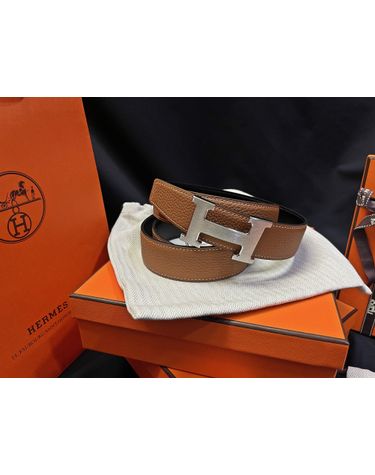 [명품] 에르메스 무광 실버 버클 블랙 양면 벨트 35324084