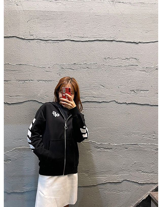 오프화이트 [명품] 오프화이트 블랙 후드집업 35409396 착용컷