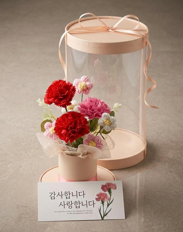 코스모 뜨개꽃 니트꽃 카네이션 어버이날 스승의날 부모님 생신 생일 유치원 선생님 학예회 졸업식 꽃선물 착용컷