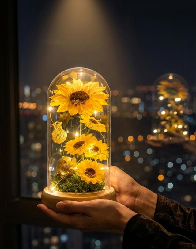 코스모 집들이선물 해바라기 비누꽃 LED 돔 개업선물 이사 행운 재물운 풍수인테리어 소품 무드등 취침등 수면등 인테리어조명 착용컷