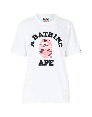 베이프 화이트 핑크 글리치 우드랜드 카모 컬리지 티셔츠 001TEM302031L WHITE PINK