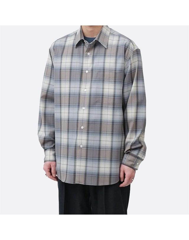오라리 26SS 오라리 슈퍼 라이트 울 체크 셔츠 블루 그레이 체크 A26SS01LC 착용컷