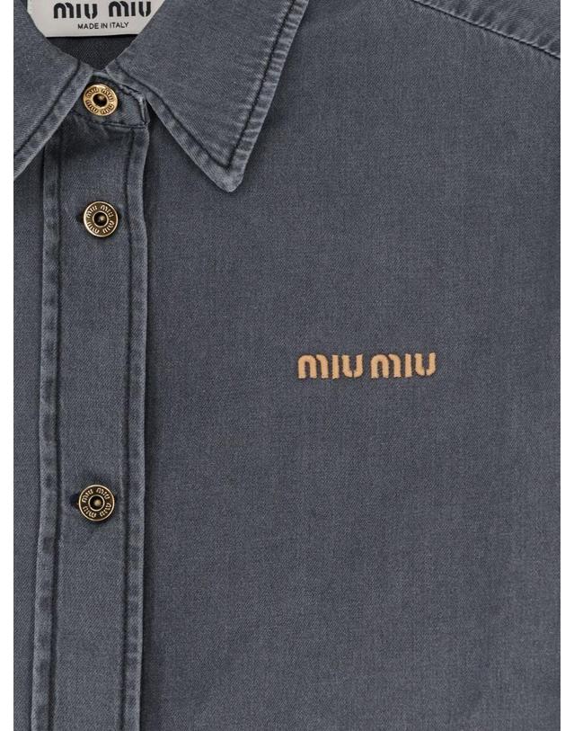 미우미우 [해외직구][N85]미우미우 GWC131SOOO 여성 셔츠 블라우스 남방 MIU MIU Grey Light Denim Shirt 착용컷