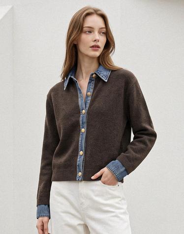 배색 데님 카라 긴팔 가디건 (NIDCCD002)