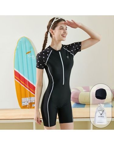 [보리보리]  여성 아쿠아 집업 슬림반팔 5부 반신 실내수영복 BK HEART L_4A454